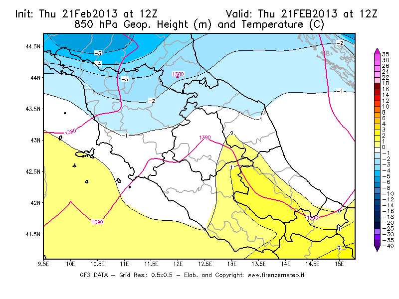 Mappa di analisi GFS - Geopotenziale [m] e Temperatura [°C] a 850 hPa in Centro-Italia
							del 21/02/2013 12 <!--googleoff: index-->UTC<!--googleon: index-->
