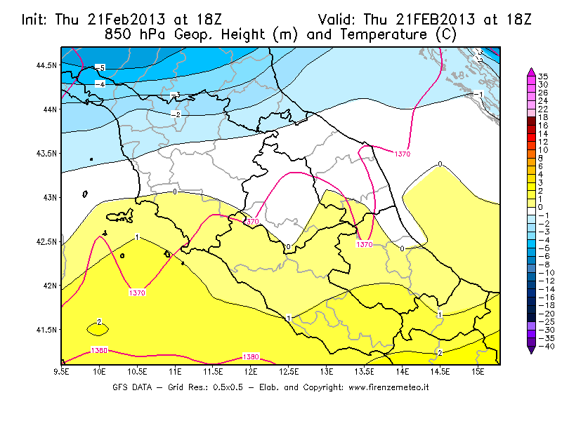 Mappa di analisi GFS - Geopotenziale [m] e Temperatura [°C] a 850 hPa in Centro-Italia
							del 21/02/2013 18 <!--googleoff: index-->UTC<!--googleon: index-->