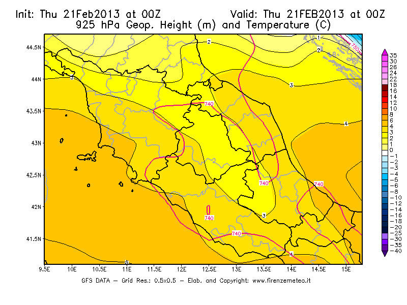 Mappa di analisi GFS - Geopotenziale [m] e Temperatura [°C] a 925 hPa in Centro-Italia
							del 21/02/2013 00 <!--googleoff: index-->UTC<!--googleon: index-->