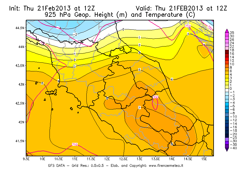 Mappa di analisi GFS - Geopotenziale [m] e Temperatura [°C] a 925 hPa in Centro-Italia
							del 21/02/2013 12 <!--googleoff: index-->UTC<!--googleon: index-->