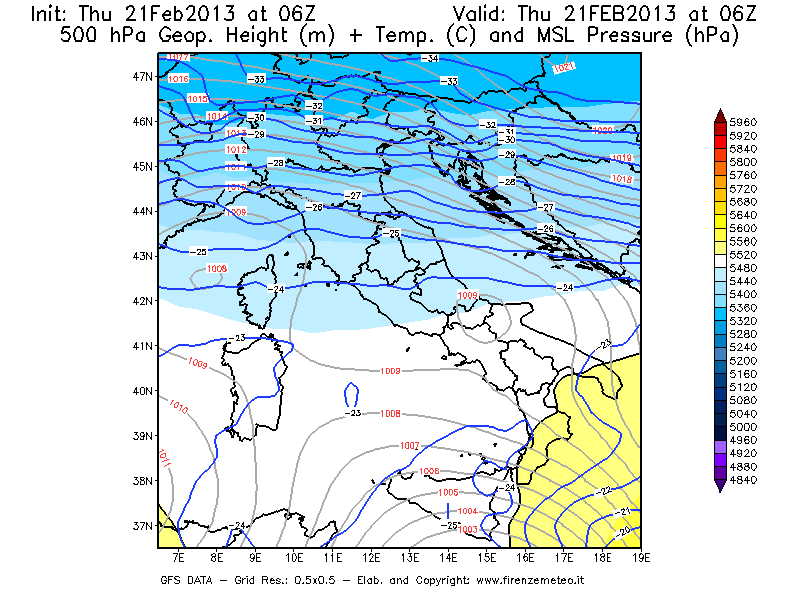 Mappa di analisi GFS - Geopotenziale [m] + Temp. [°C] a 500 hPa + Press. a livello del mare [hPa] in Italia
							del 21/02/2013 06 <!--googleoff: index-->UTC<!--googleon: index-->