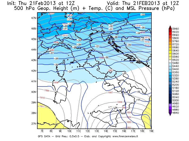 Mappa di analisi GFS - Geopotenziale [m] + Temp. [°C] a 500 hPa + Press. a livello del mare [hPa] in Italia
							del 21/02/2013 12 <!--googleoff: index-->UTC<!--googleon: index-->
