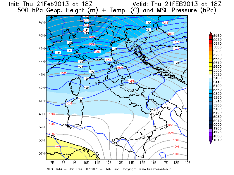Mappa di analisi GFS - Geopotenziale [m] + Temp. [°C] a 500 hPa + Press. a livello del mare [hPa] in Italia
							del 21/02/2013 18 <!--googleoff: index-->UTC<!--googleon: index-->