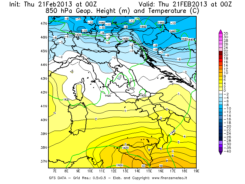 Mappa di analisi GFS - Geopotenziale [m] e Temperatura [°C] a 850 hPa in Italia
							del 21/02/2013 00 <!--googleoff: index-->UTC<!--googleon: index-->