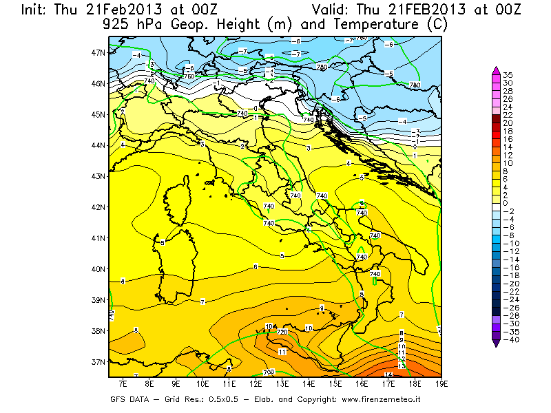 Mappa di analisi GFS - Geopotenziale [m] e Temperatura [°C] a 925 hPa in Italia
									del 21/02/2013 00 <!--googleoff: index-->UTC<!--googleon: index-->