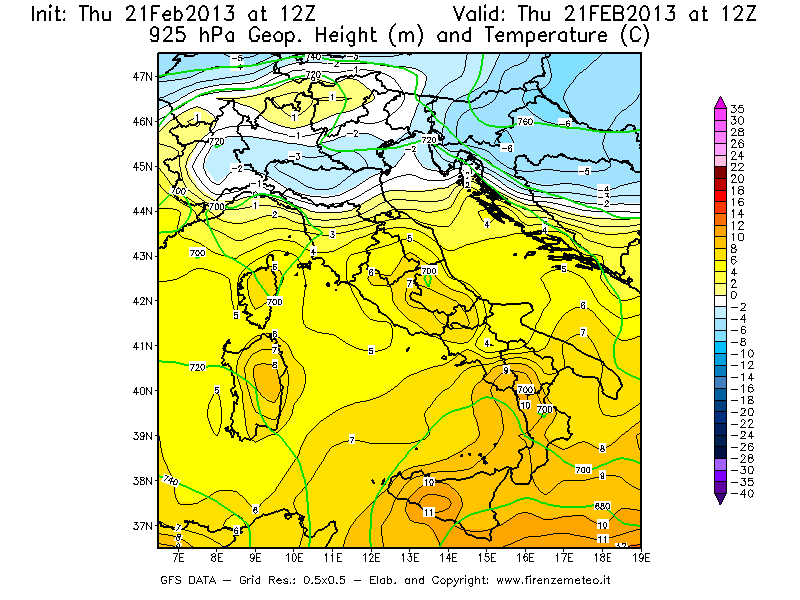 Mappa di analisi GFS - Geopotenziale [m] e Temperatura [°C] a 925 hPa in Italia
									del 21/02/2013 12 <!--googleoff: index-->UTC<!--googleon: index-->