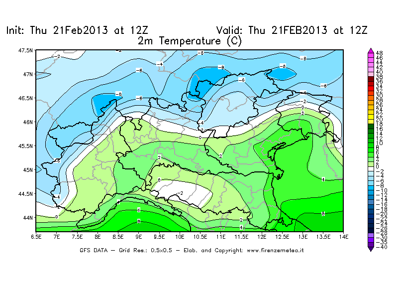 Mappa di analisi GFS - Temperatura a 2 metri dal suolo [°C] in Nord-Italia
							del 21/02/2013 12 <!--googleoff: index-->UTC<!--googleon: index-->