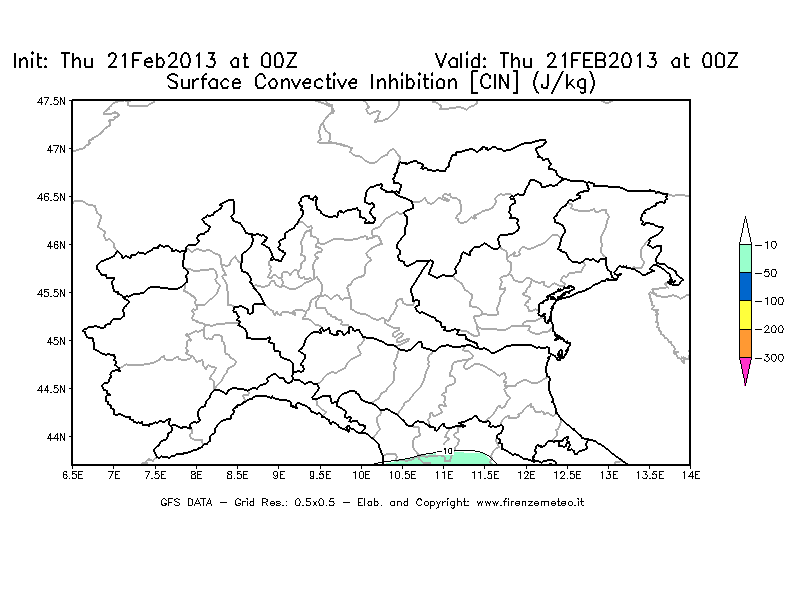 Mappa di analisi GFS - CIN [J/kg] in Nord-Italia
							del 21/02/2013 00 <!--googleoff: index-->UTC<!--googleon: index-->