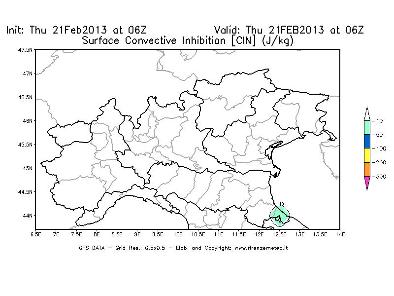 Mappa di analisi GFS - CIN [J/kg] in Nord-Italia
									del 21/02/2013 06 <!--googleoff: index-->UTC<!--googleon: index-->