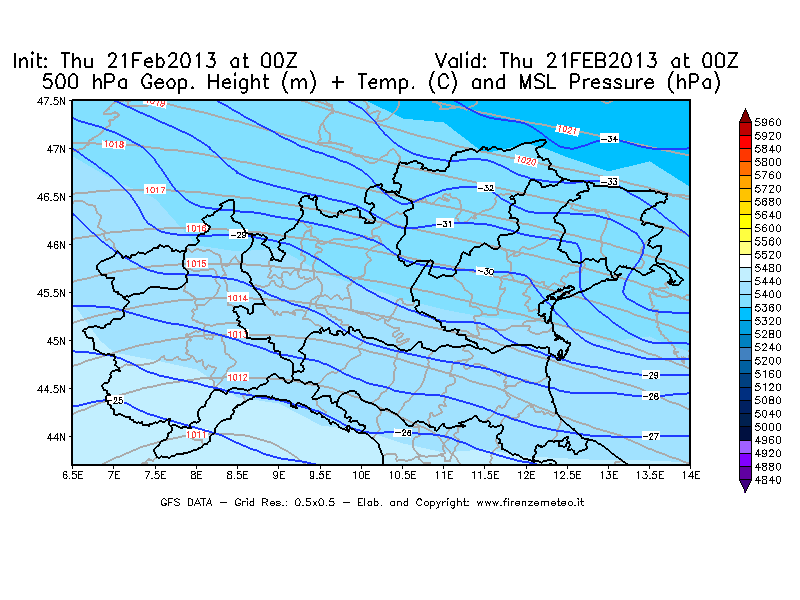 Mappa di analisi GFS - Geopotenziale [m] + Temp. [°C] a 500 hPa + Press. a livello del mare [hPa] in Nord-Italia
							del 21/02/2013 00 <!--googleoff: index-->UTC<!--googleon: index-->