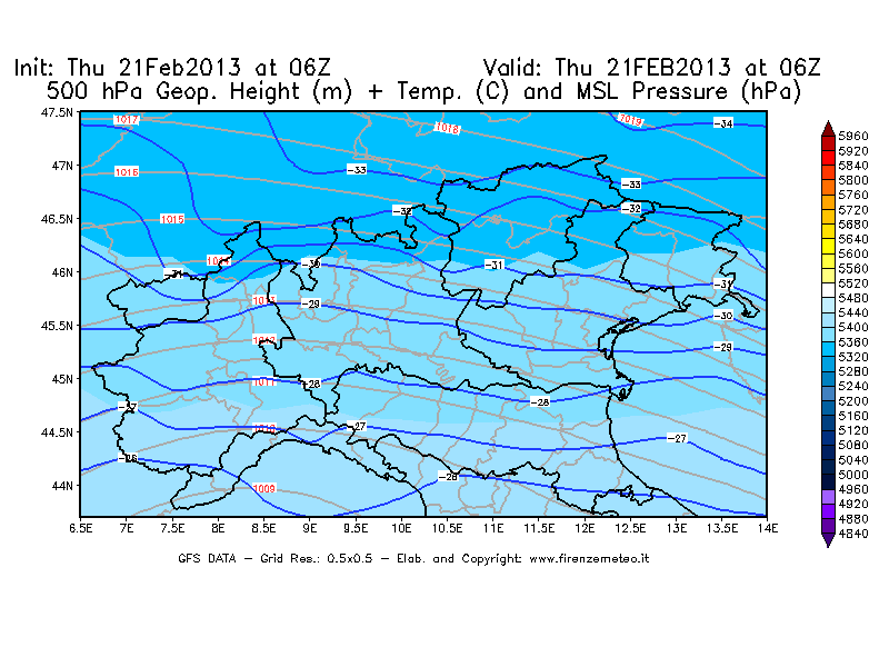 Mappa di analisi GFS - Geopotenziale [m] + Temp. [°C] a 500 hPa + Press. a livello del mare [hPa] in Nord-Italia
									del 21/02/2013 06 <!--googleoff: index-->UTC<!--googleon: index-->