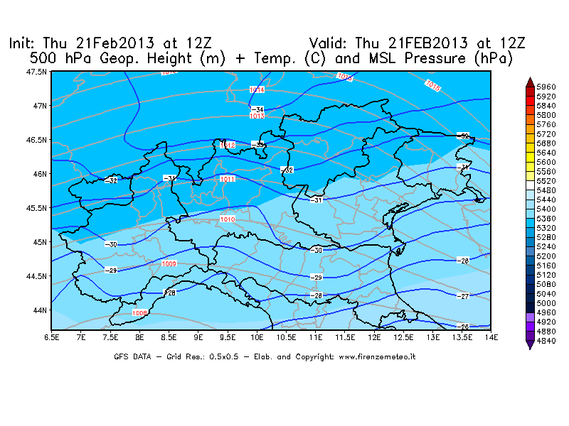 Mappa di analisi GFS - Geopotenziale [m] + Temp. [°C] a 500 hPa + Press. a livello del mare [hPa] in Nord-Italia
							del 21/02/2013 12 <!--googleoff: index-->UTC<!--googleon: index-->
