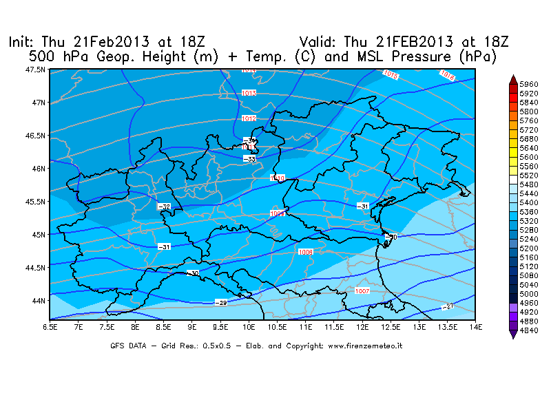 Mappa di analisi GFS - Geopotenziale [m] + Temp. [°C] a 500 hPa + Press. a livello del mare [hPa] in Nord-Italia
									del 21/02/2013 18 <!--googleoff: index-->UTC<!--googleon: index-->