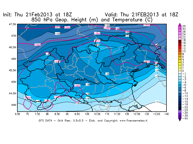 Mappa di analisi GFS - Geopotenziale [m] e Temperatura [°C] a 850 hPa in Nord-Italia
									del 21/02/2013 18 <!--googleoff: index-->UTC<!--googleon: index-->