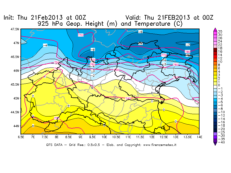Mappa di analisi GFS - Geopotenziale [m] e Temperatura [°C] a 925 hPa in Nord-Italia
							del 21/02/2013 00 <!--googleoff: index-->UTC<!--googleon: index-->