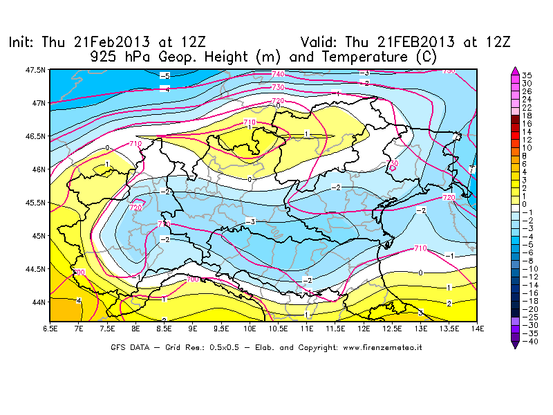 Mappa di analisi GFS - Geopotenziale [m] e Temperatura [°C] a 925 hPa in Nord-Italia
									del 21/02/2013 12 <!--googleoff: index-->UTC<!--googleon: index-->