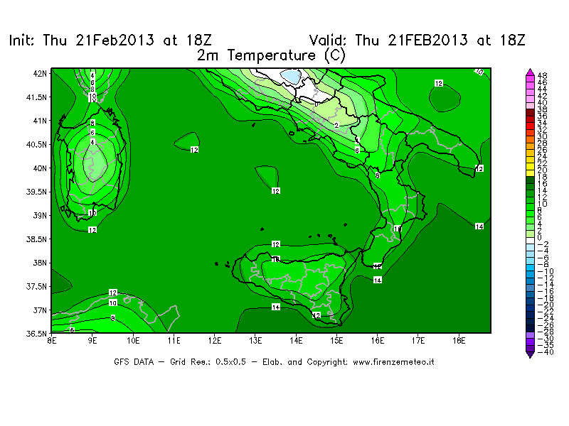 Mappa di analisi GFS - Temperatura a 2 metri dal suolo [°C] in Sud-Italia
							del 21/02/2013 18 <!--googleoff: index-->UTC<!--googleon: index-->