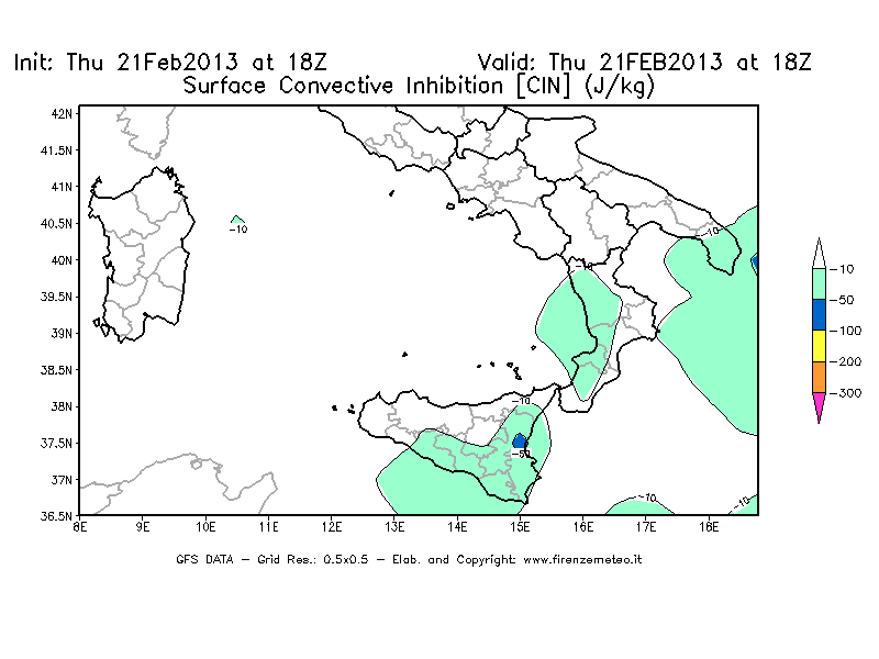 Mappa di analisi GFS - CIN [J/kg] in Sud-Italia
							del 21/02/2013 18 <!--googleoff: index-->UTC<!--googleon: index-->