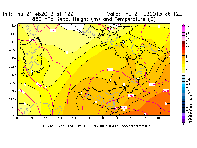 Mappa di analisi GFS - Geopotenziale [m] e Temperatura [°C] a 850 hPa in Sud-Italia
									del 21/02/2013 12 <!--googleoff: index-->UTC<!--googleon: index-->