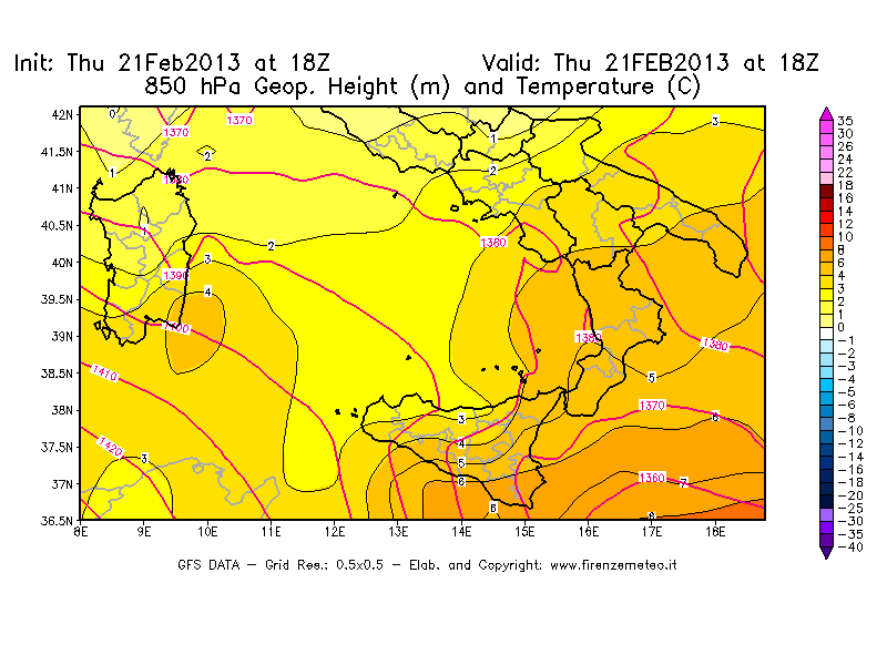 Mappa di analisi GFS - Geopotenziale [m] e Temperatura [°C] a 850 hPa in Sud-Italia
							del 21/02/2013 18 <!--googleoff: index-->UTC<!--googleon: index-->