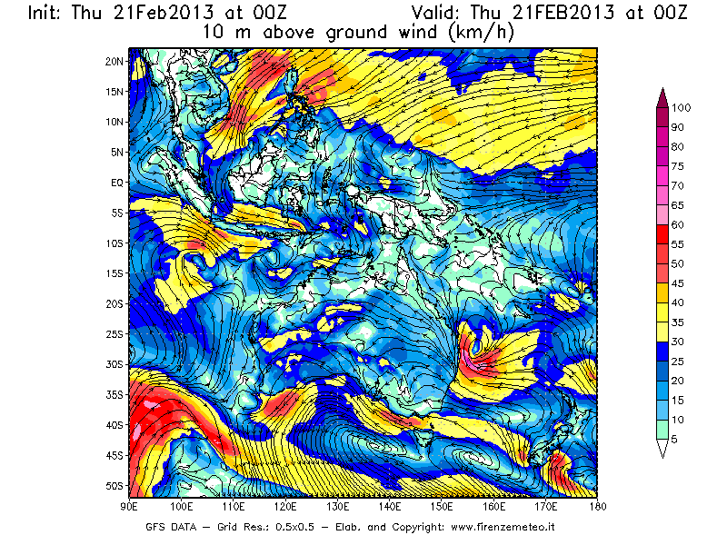 Mappa di analisi GFS - Velocità del vento a 10 metri dal suolo [km/h] in Oceania
									del 21/02/2013 00 <!--googleoff: index-->UTC<!--googleon: index-->