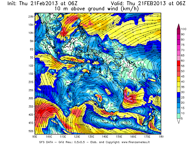 Mappa di analisi GFS - Velocità del vento a 10 metri dal suolo [km/h] in Oceania
							del 21/02/2013 06 <!--googleoff: index-->UTC<!--googleon: index-->