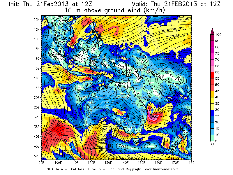 Mappa di analisi GFS - Velocità del vento a 10 metri dal suolo [km/h] in Oceania
							del 21/02/2013 12 <!--googleoff: index-->UTC<!--googleon: index-->