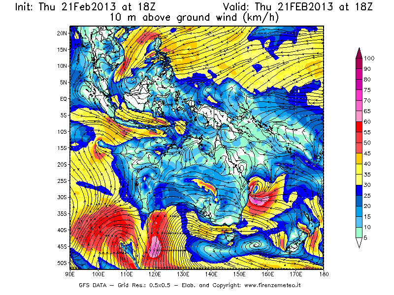 Mappa di analisi GFS - Velocità del vento a 10 metri dal suolo [km/h] in Oceania
									del 21/02/2013 18 <!--googleoff: index-->UTC<!--googleon: index-->