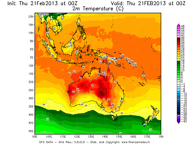 Mappa di analisi GFS - Temperatura a 2 metri dal suolo [°C] in Oceania
							del 21/02/2013 00 <!--googleoff: index-->UTC<!--googleon: index-->