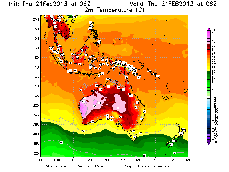 Mappa di analisi GFS - Temperatura a 2 metri dal suolo [°C] in Oceania
							del 21/02/2013 06 <!--googleoff: index-->UTC<!--googleon: index-->