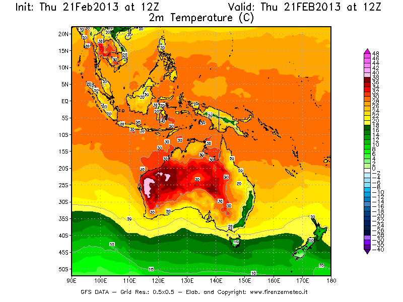 Mappa di analisi GFS - Temperatura a 2 metri dal suolo [°C] in Oceania
							del 21/02/2013 12 <!--googleoff: index-->UTC<!--googleon: index-->