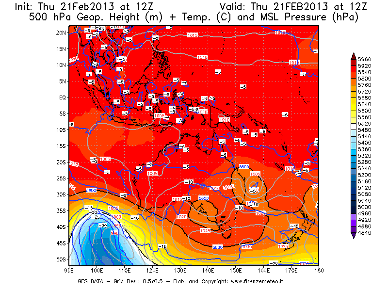 Mappa di analisi GFS - Geopotenziale [m] + Temp. [°C] a 500 hPa + Press. a livello del mare [hPa] in Oceania
									del 21/02/2013 12 <!--googleoff: index-->UTC<!--googleon: index-->