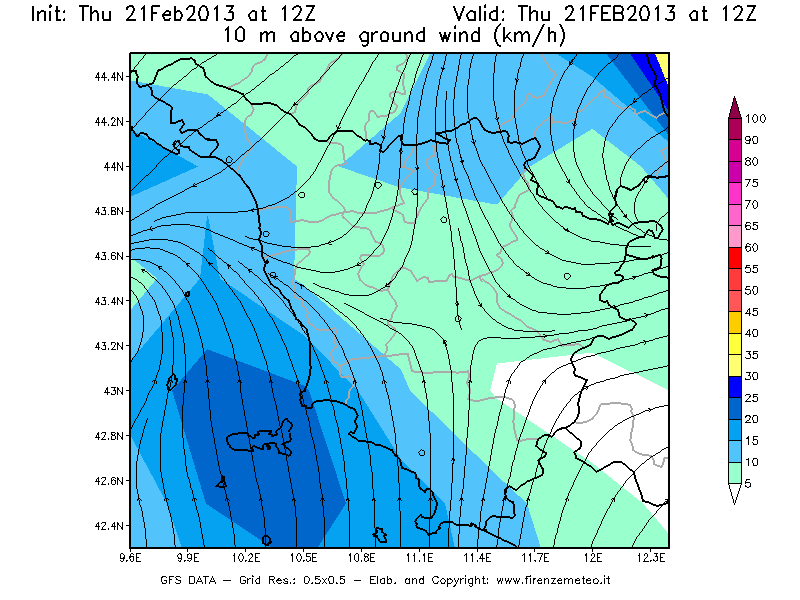 Mappa di analisi GFS - Velocità del vento a 10 metri dal suolo [km/h] in Toscana
							del 21/02/2013 12 <!--googleoff: index-->UTC<!--googleon: index-->