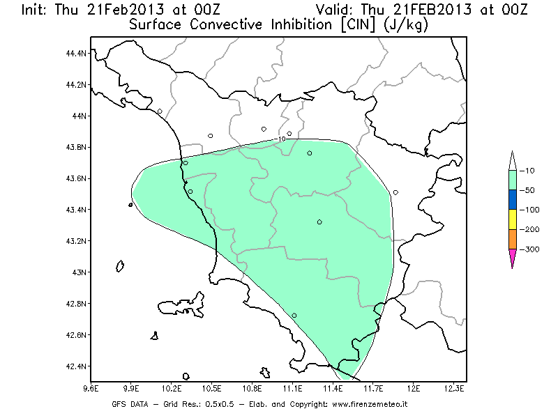 Mappa di analisi GFS - CIN [J/kg] in Toscana
							del 21/02/2013 00 <!--googleoff: index-->UTC<!--googleon: index-->