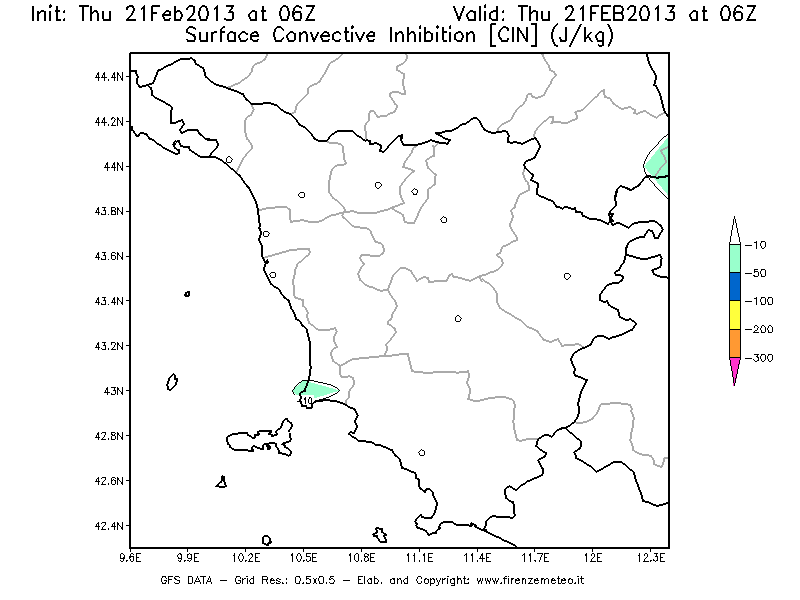Mappa di analisi GFS - CIN [J/kg] in Toscana
									del 21/02/2013 06 <!--googleoff: index-->UTC<!--googleon: index-->
