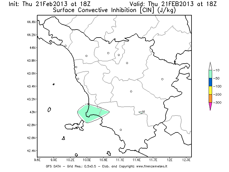 Mappa di analisi GFS - CIN [J/kg] in Toscana
									del 21/02/2013 18 <!--googleoff: index-->UTC<!--googleon: index-->