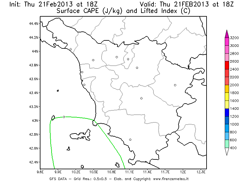 Mappa di analisi GFS - CAPE [J/kg] e Lifted Index [°C] in Toscana
									del 21/02/2013 18 <!--googleoff: index-->UTC<!--googleon: index-->