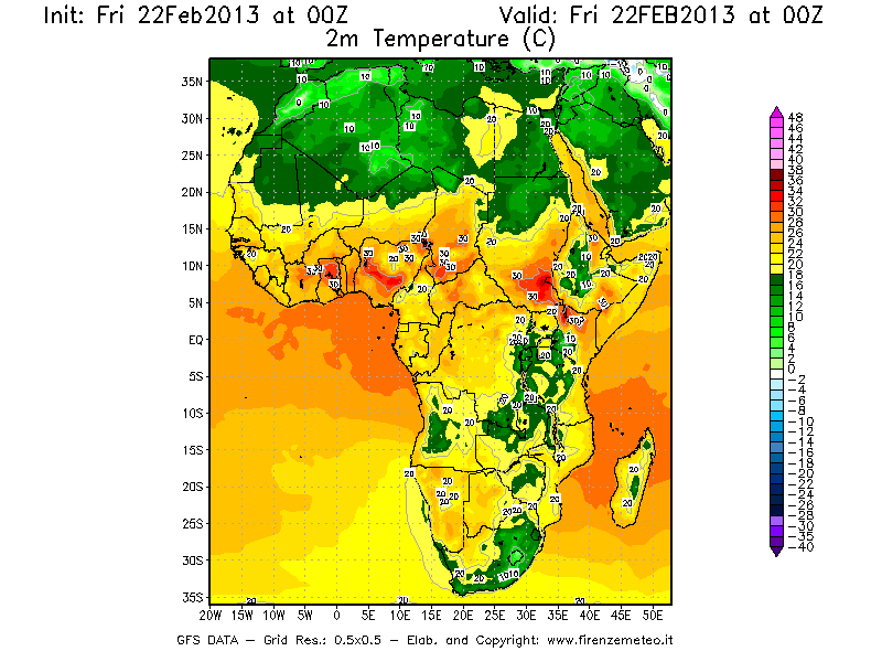 Mappa di analisi GFS - Temperatura a 2 metri dal suolo [°C] in Africa
							del 22/02/2013 00 <!--googleoff: index-->UTC<!--googleon: index-->