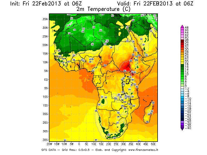 Mappa di analisi GFS - Temperatura a 2 metri dal suolo [°C] in Africa
							del 22/02/2013 06 <!--googleoff: index-->UTC<!--googleon: index-->
