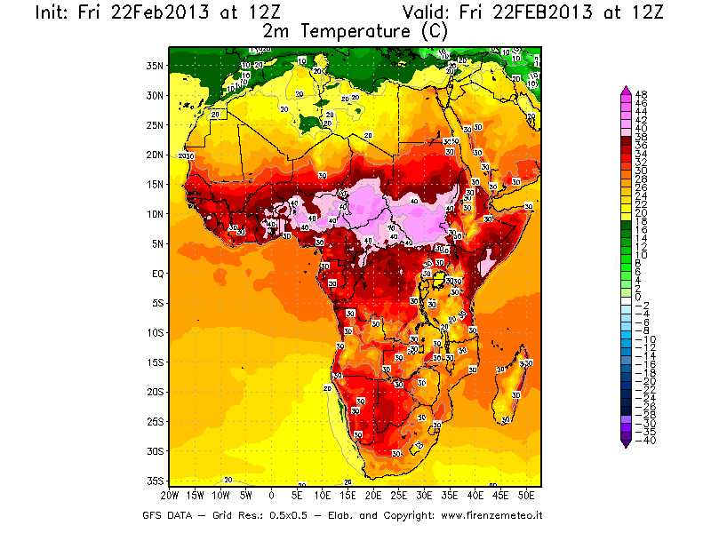 Mappa di analisi GFS - Temperatura a 2 metri dal suolo [°C] in Africa
							del 22/02/2013 12 <!--googleoff: index-->UTC<!--googleon: index-->