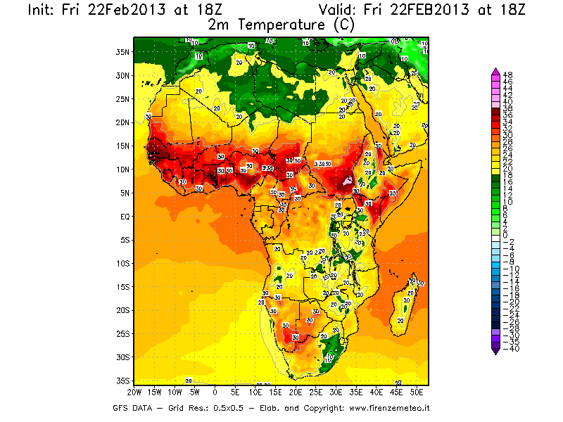 Mappa di analisi GFS - Temperatura a 2 metri dal suolo [°C] in Africa
							del 22/02/2013 18 <!--googleoff: index-->UTC<!--googleon: index-->