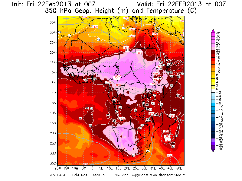 Mappa di analisi GFS - Geopotenziale [m] e Temperatura [°C] a 850 hPa in Africa
							del 22/02/2013 00 <!--googleoff: index-->UTC<!--googleon: index-->