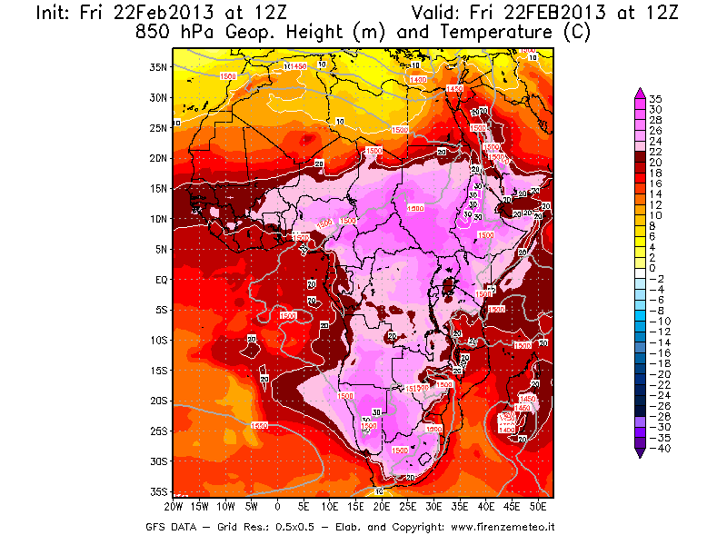 Mappa di analisi GFS - Geopotenziale [m] e Temperatura [°C] a 850 hPa in Africa
							del 22/02/2013 12 <!--googleoff: index-->UTC<!--googleon: index-->