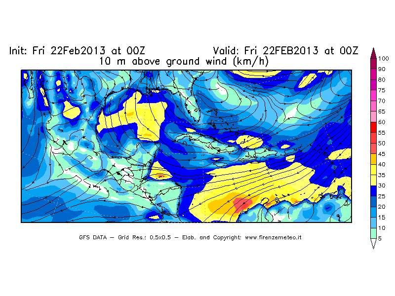 Mappa di analisi GFS - Velocità del vento a 10 metri dal suolo [km/h] in Centro-America
							del 22/02/2013 00 <!--googleoff: index-->UTC<!--googleon: index-->