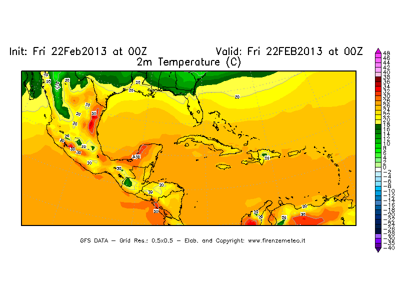 Mappa di analisi GFS - Temperatura a 2 metri dal suolo [°C] in Centro-America
							del 22/02/2013 00 <!--googleoff: index-->UTC<!--googleon: index-->