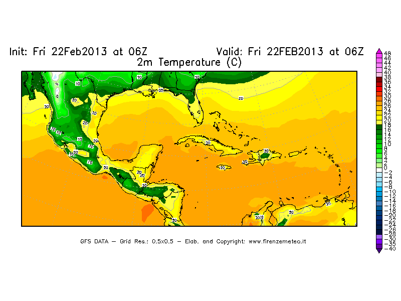 Mappa di analisi GFS - Temperatura a 2 metri dal suolo [°C] in Centro-America
							del 22/02/2013 06 <!--googleoff: index-->UTC<!--googleon: index-->
