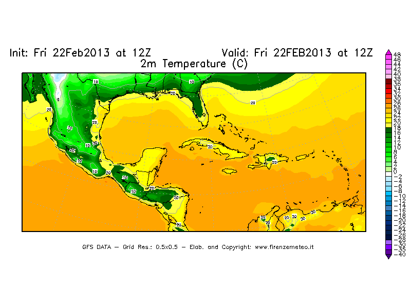Mappa di analisi GFS - Temperatura a 2 metri dal suolo [°C] in Centro-America
							del 22/02/2013 12 <!--googleoff: index-->UTC<!--googleon: index-->