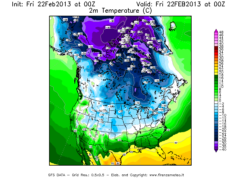 Mappa di analisi GFS - Temperatura a 2 metri dal suolo [°C] in Nord-America
							del 22/02/2013 00 <!--googleoff: index-->UTC<!--googleon: index-->