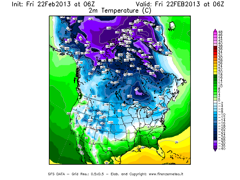 Mappa di analisi GFS - Temperatura a 2 metri dal suolo [°C] in Nord-America
							del 22/02/2013 06 <!--googleoff: index-->UTC<!--googleon: index-->