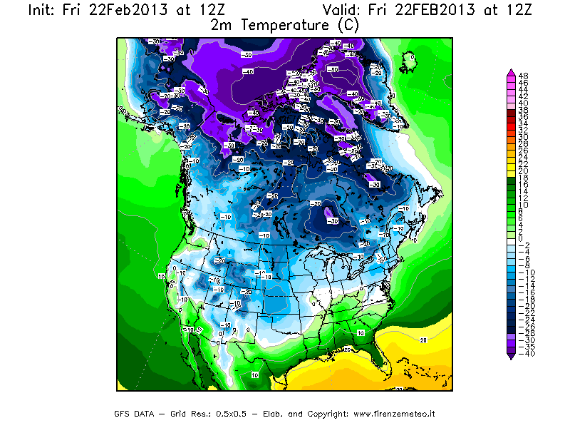 Mappa di analisi GFS - Temperatura a 2 metri dal suolo [°C] in Nord-America
							del 22/02/2013 12 <!--googleoff: index-->UTC<!--googleon: index-->